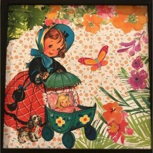 Old Fashioned Girl & Doll in Carriage Handmade Framed Collage Nursery Decor OOAK